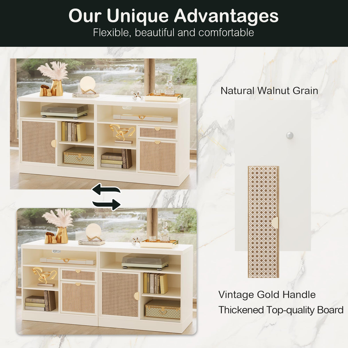 ModernMate Rattan Lateral File Cabinet, Filing Cabinet for Home Office with Adjustable Storage Shelves, 63inches Office Credenza, White Rattan