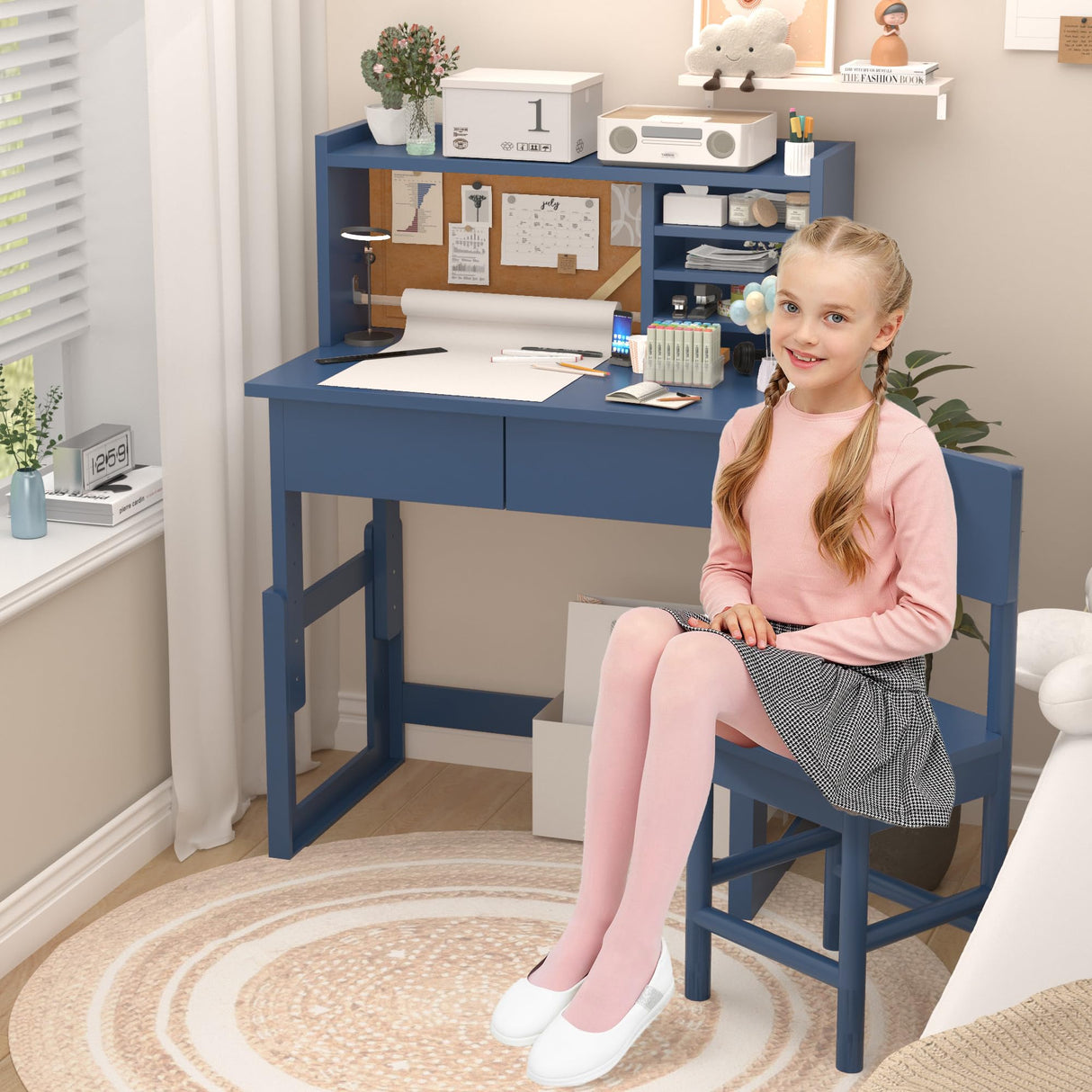 Ergonomic Height Adjustable Childrens Study Desk with 2 Drawers,Blue Kids Desk and Chair Set for 5-18 Year Old,Kids Art Table with Storage-UqJ30