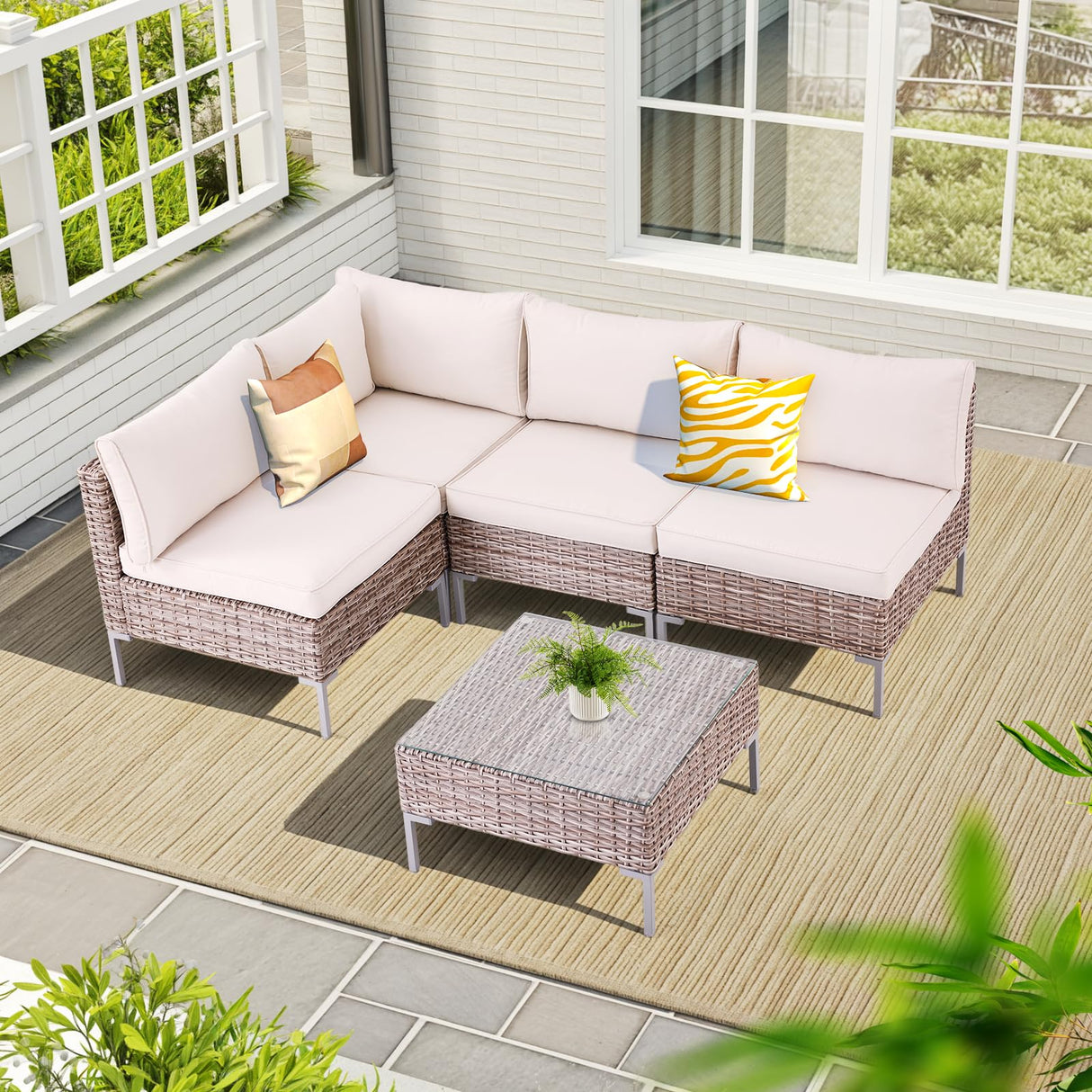 5 Piece Outdoor Patio Furniture Set, Wicker PE Rattan Sectional Sofa