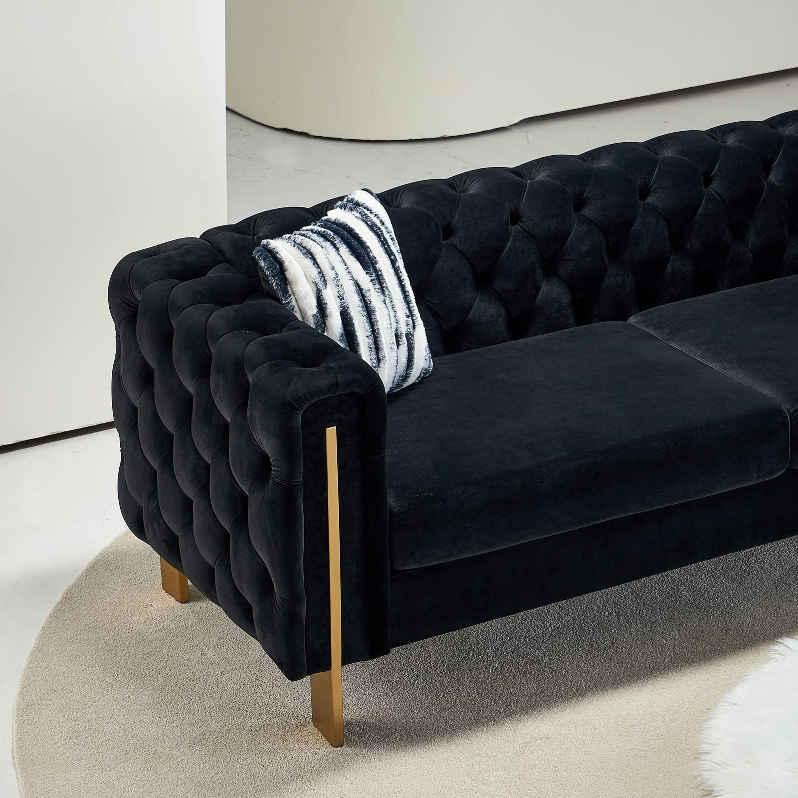 Modern Velvet Sofa – 84” Tufted Couch with Pillows & Metal Legs