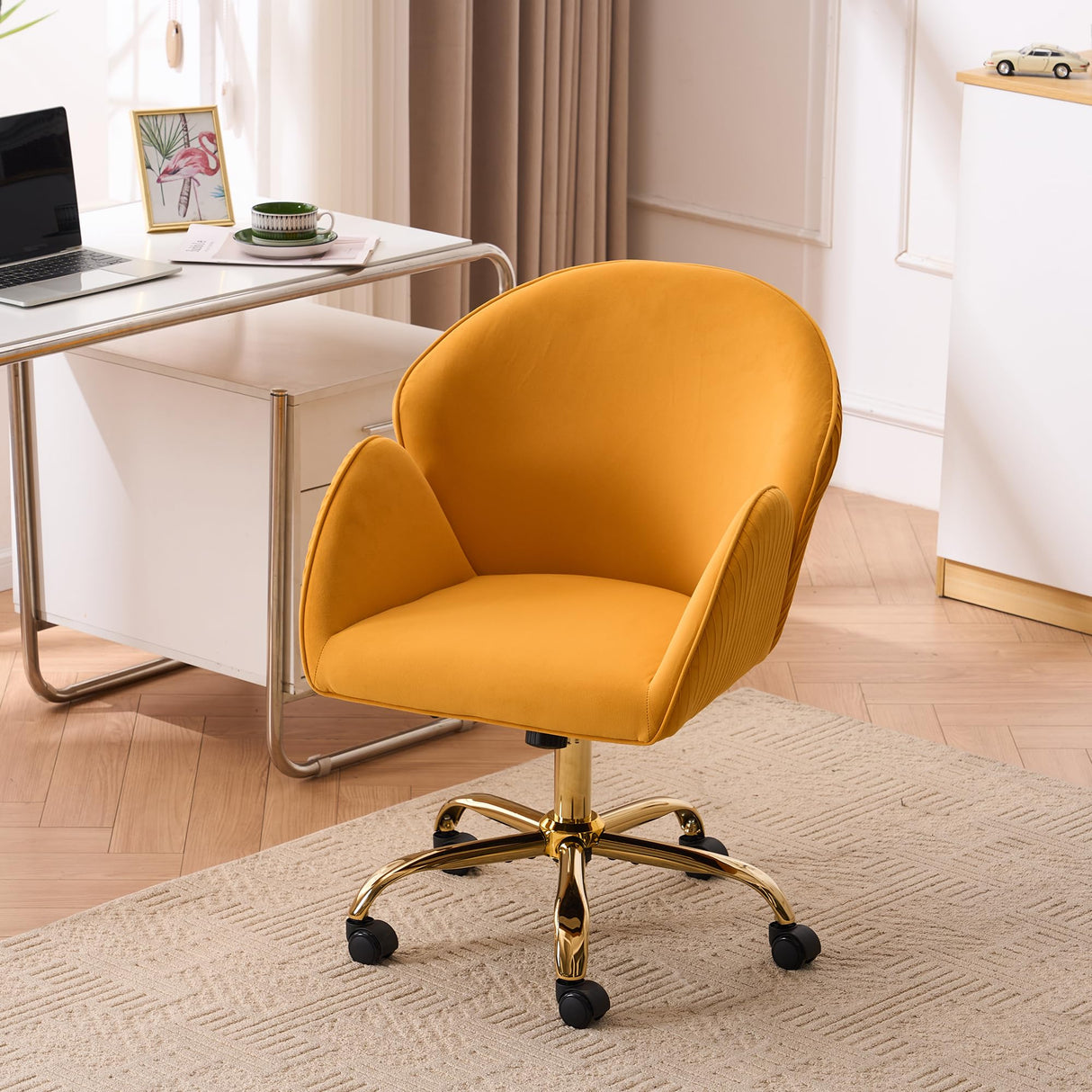 Velvet Home Office Desk Chair with Gold Wheels - Mustard