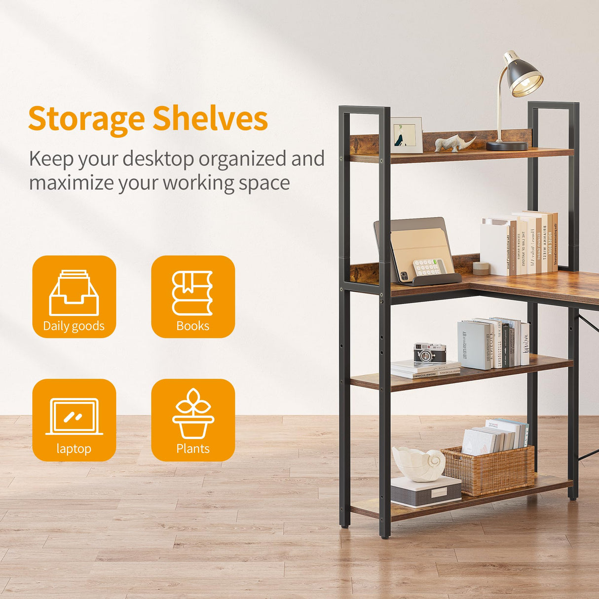 Corner Desk with Storage Shelves, 47 Inch Reversible L Shaped Desk with Bookshelf, Home Office Writing Desk with Hooks, Small L Study Table, Rustic Brown