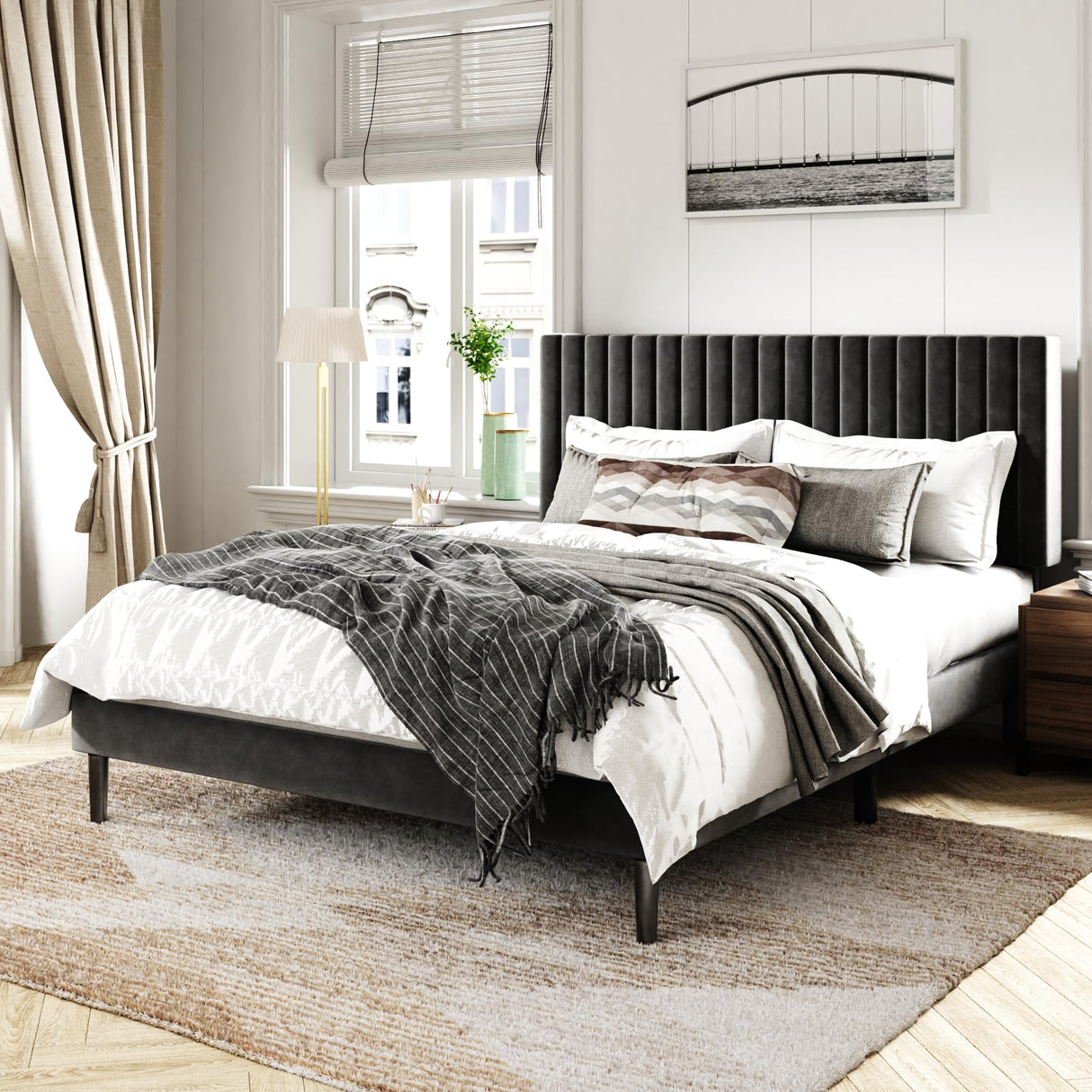 Queen Velvet Platform Bed Frame with Upholstered Headboard