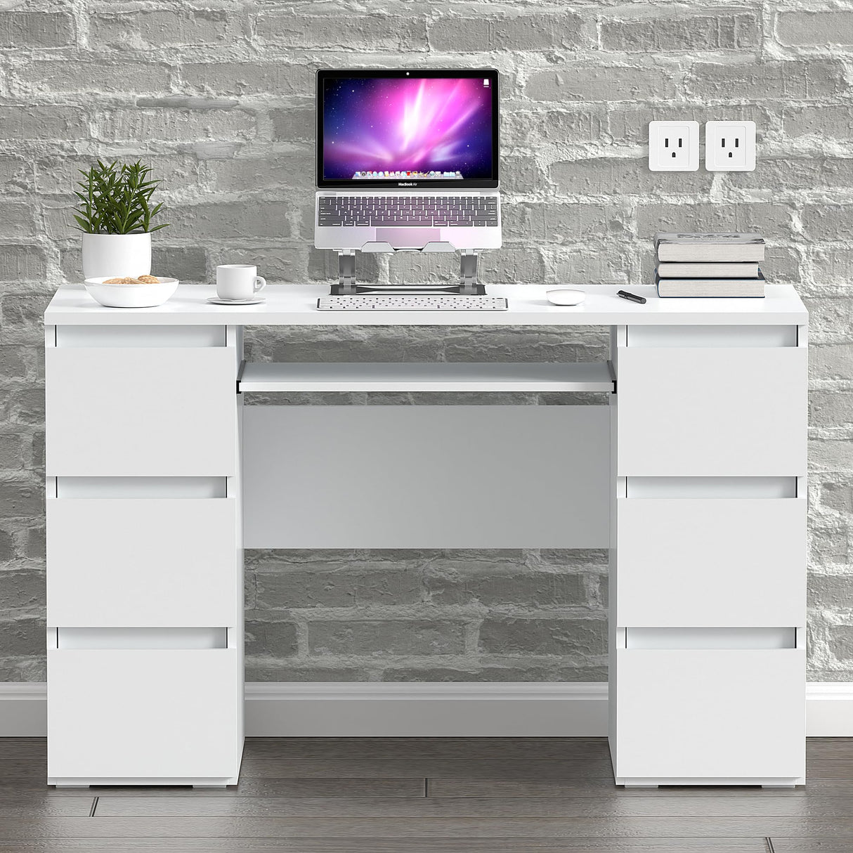Computer Desk with Storage Shelf and 6 Drawers, 47 inch Writing Home Office Workstation,
