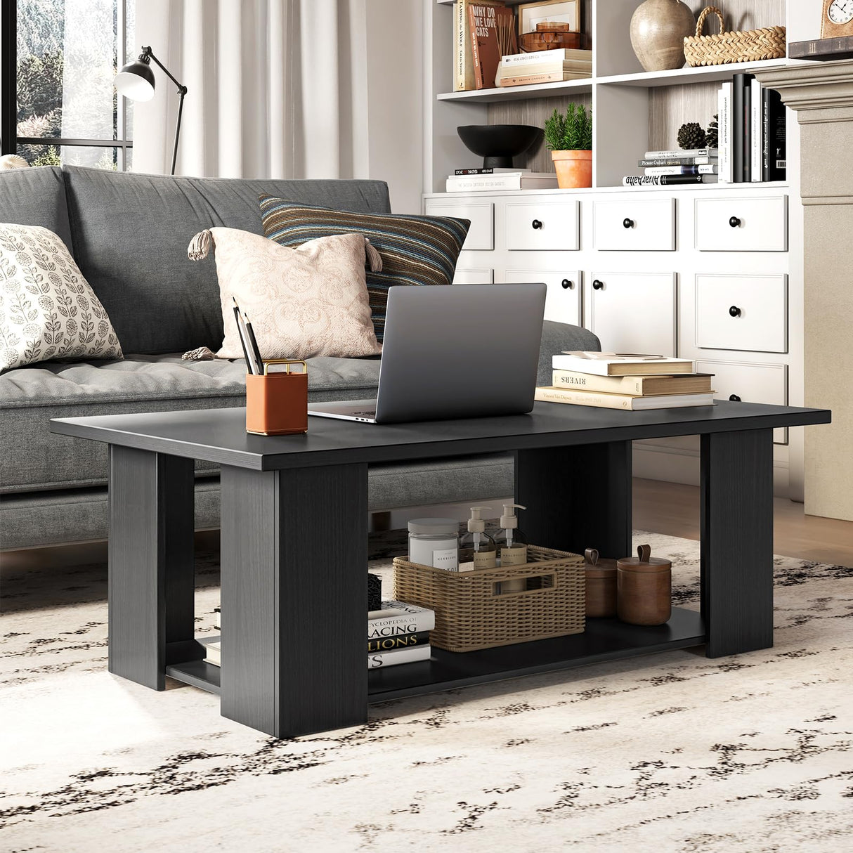 2-Tier Coffee Table, Modern Rectangular Center Cocktail Table with 5 Support Legs