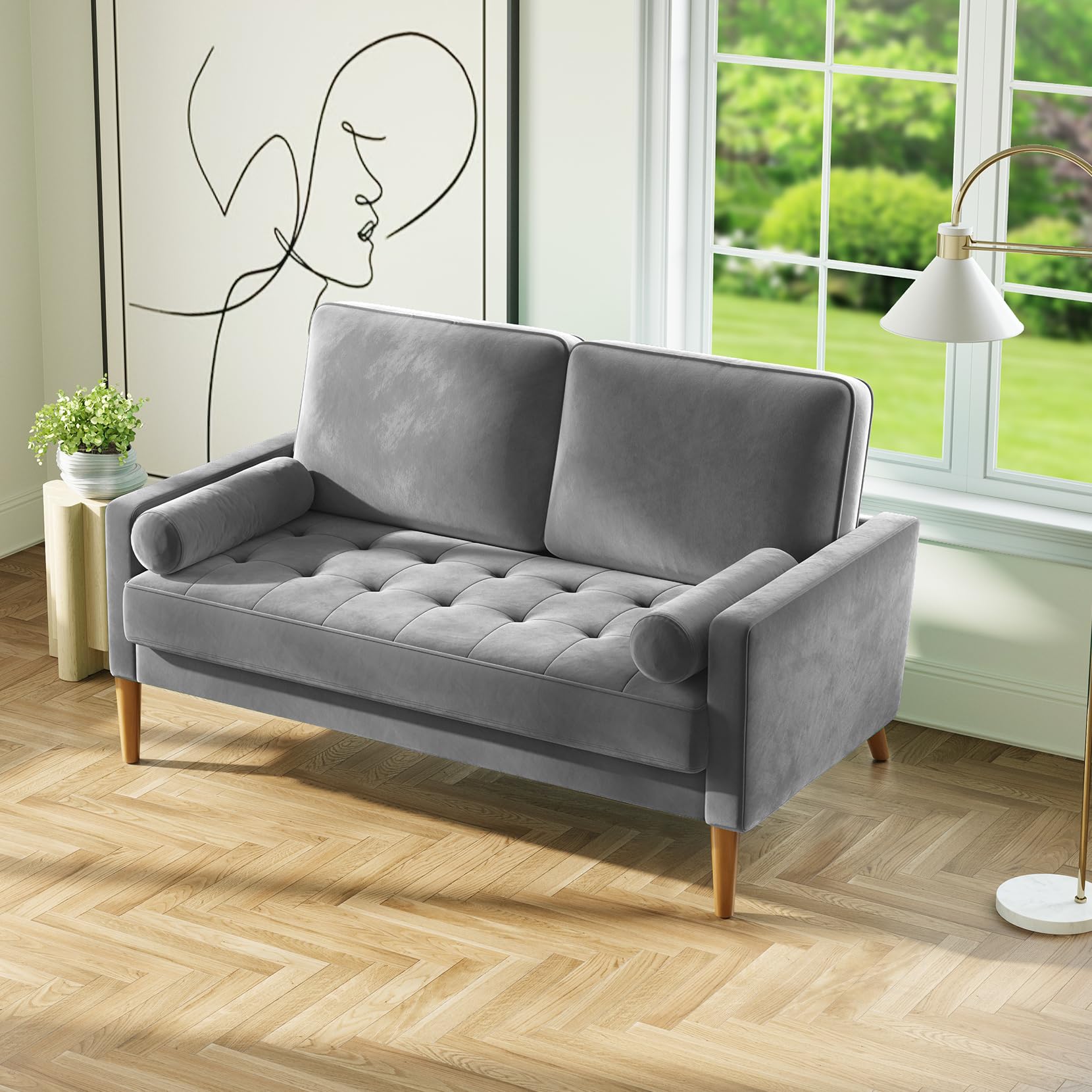 Loveseat Sofa, 56" Grey Velvet Couch Small Couch Love Seat Sofa with Tufted Seat