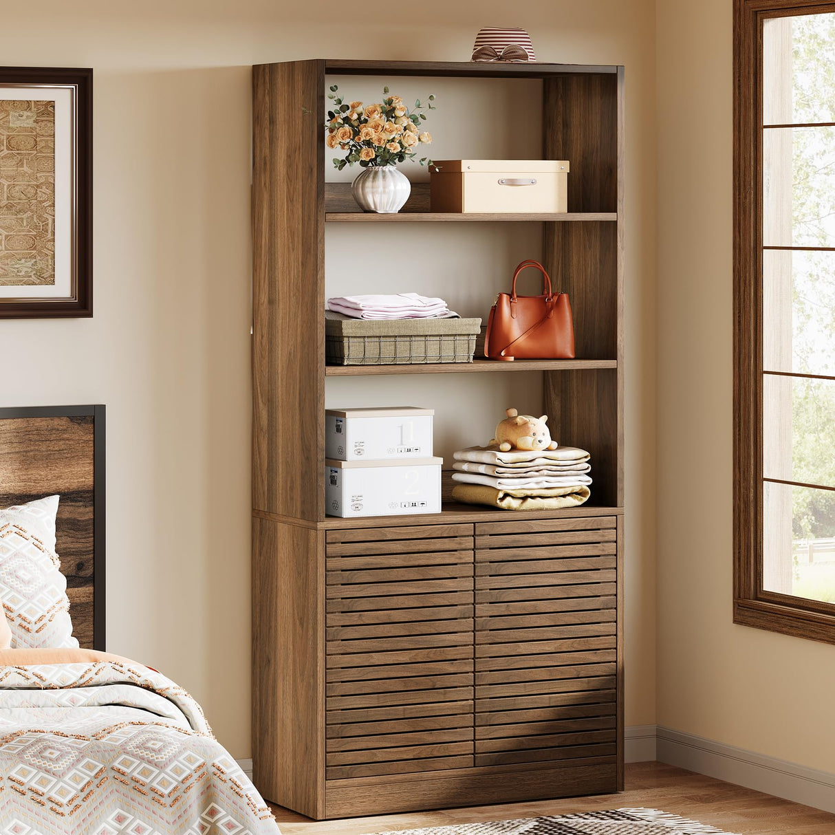 Bookshelf with Cabinet & Open Shelves, 68" Tall Bookcase with Shutter Doors, Floor Standing Wood Office Storage Cabinet with Adjustable Shelf for Living Room, Home Office (Rustic Brown)