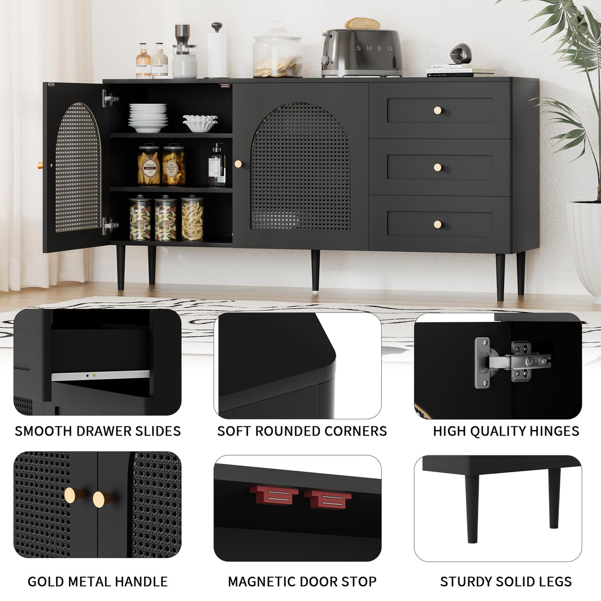 Modern Black Sideboard Buffet Cabinet with Storage & 3 Drawers, Console Table