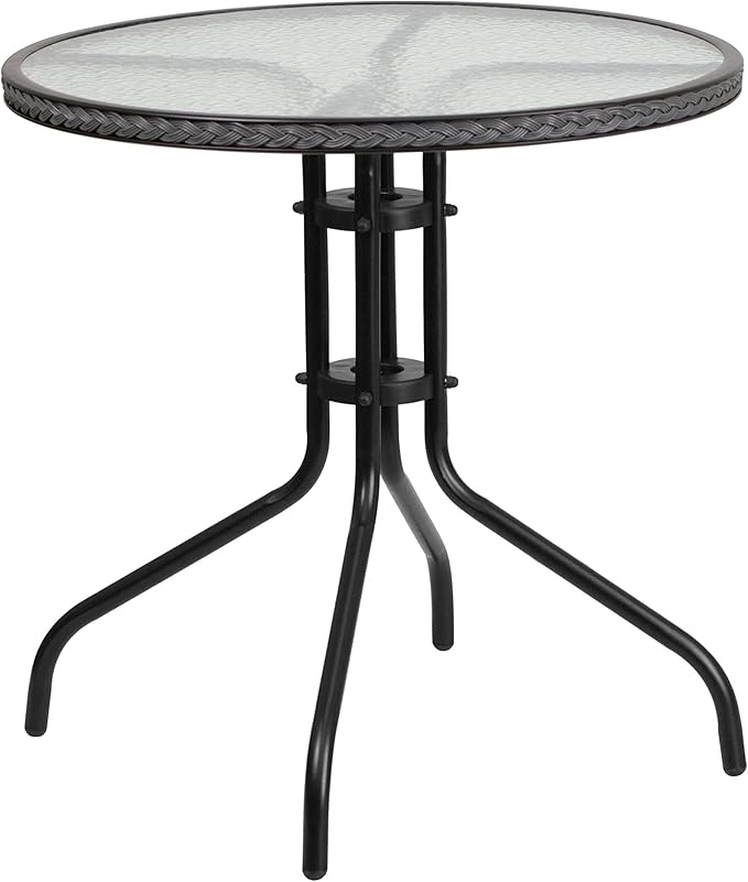 Barker 28'' Round Tempered Glass Metal Table with Dark Brown Rattan Edging