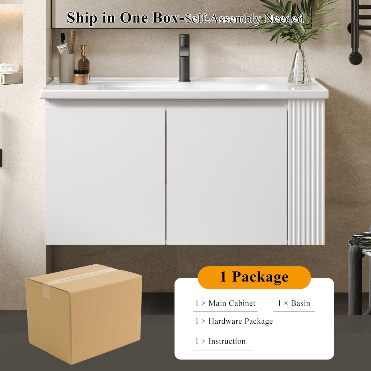 LUMISOL 36" Bathroom Vanity with Ceramic Sink, Wall Mounted Bathroom Vanity with 2 Doors & Side Open Shelves, Modern Floating Bathroom Storage Cabinet with Undermount Sink, White