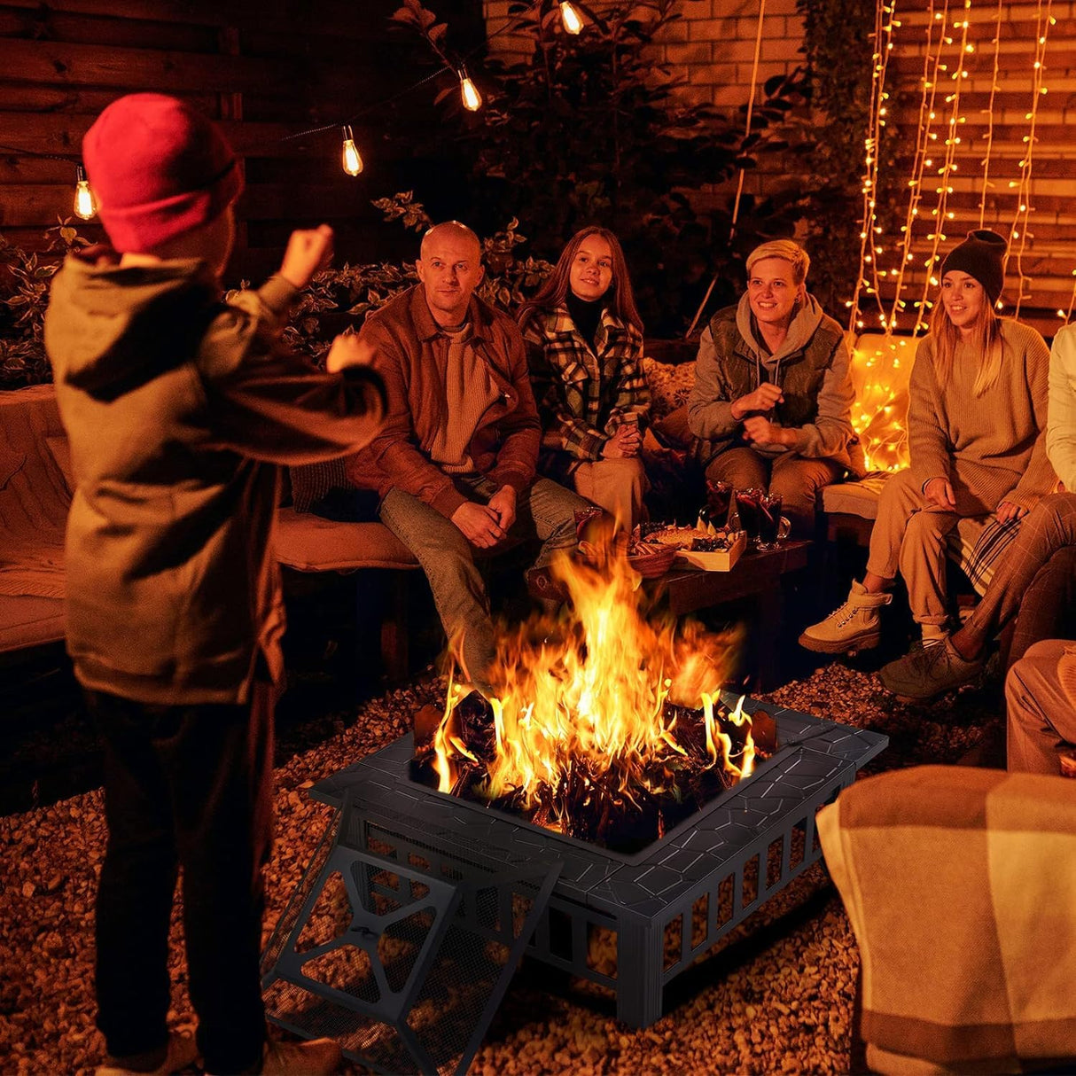 32 Inch Outdoor Metal Fire Pit, Square Wood Burning Firepit with Steel Fire Poker and Cover