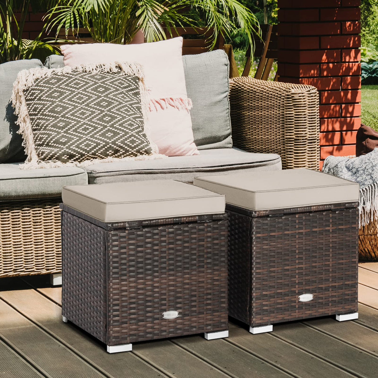 2-Pieces Patio Ottoman Set Outdoor Wicker Stool with Storage, Rattan Footrest Ottoman