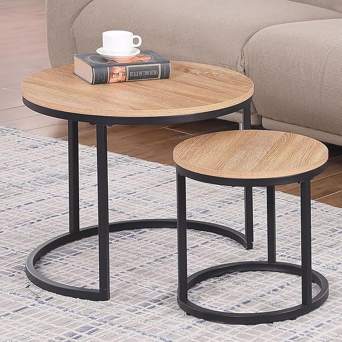 23.6-Inch Concrete Round Nesting Coffee Table for Living Room, Modern Industrial Style
