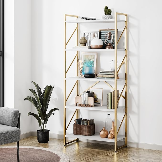 2 Pieces 5 Tiers Bookshelf, Classically Tall Bookcase Shelf, Industrial Book Rack