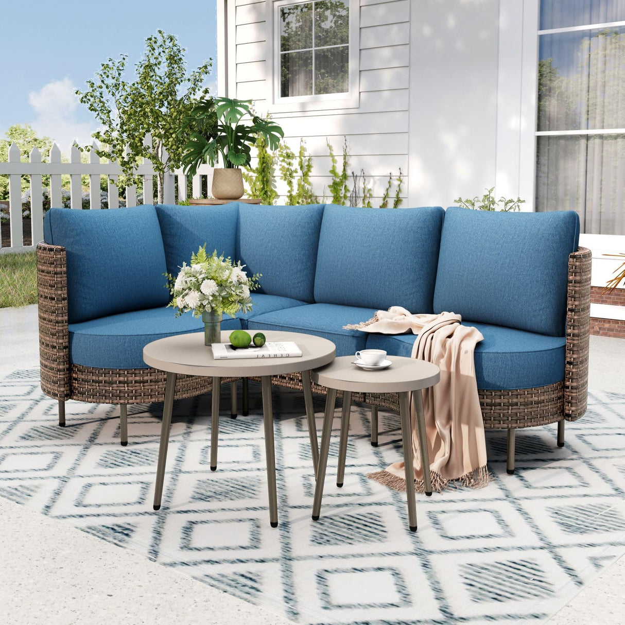 6 Piece Patio Furniture Set, L-Shaped Outdoor Sectional Wicker Patio Furniture