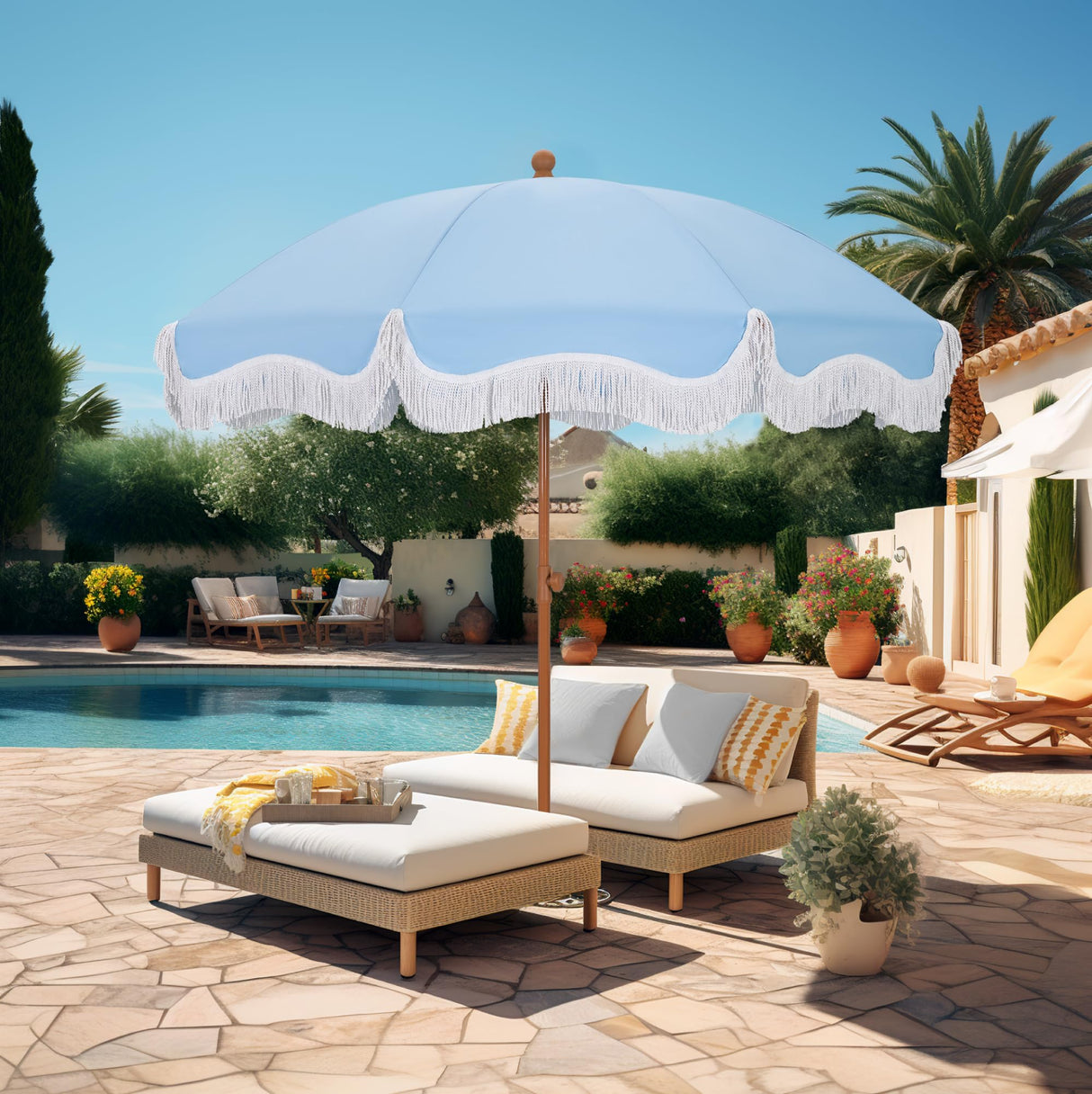 7 ft Heavy Duty Beach Umbrella with Sand Anchor, Fringe Umbrella for Sand