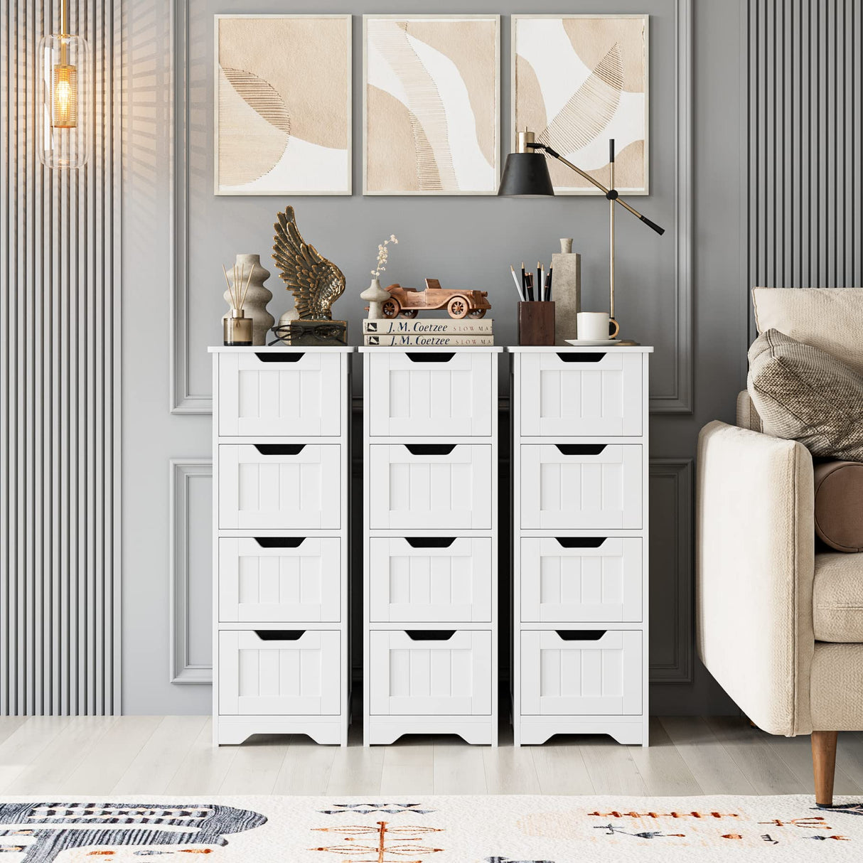 Bathroom Storage Cabinet, Side Cabinet with 4 Drawers, 11.8” x 11.8” x 32.5” Freestanding