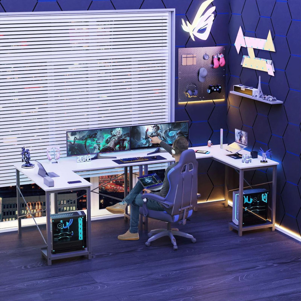 PC Desk for Gaming and Work - 50 Inch Writing Space-Saving Corner Table with CPU Storage Shelf, Side Bag, Home, Office, White