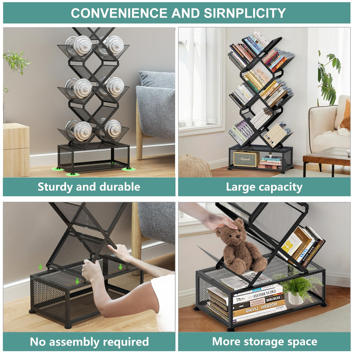 HI NINGER Folding Bookshelf,9 Tier Tree Bookshelf with Storage Cabinet,Stylish Design Metal Bookshelf for Display of CDs,Books in Living Room,Home Office,Tall Floor Standing Book Organizer for Bedroom