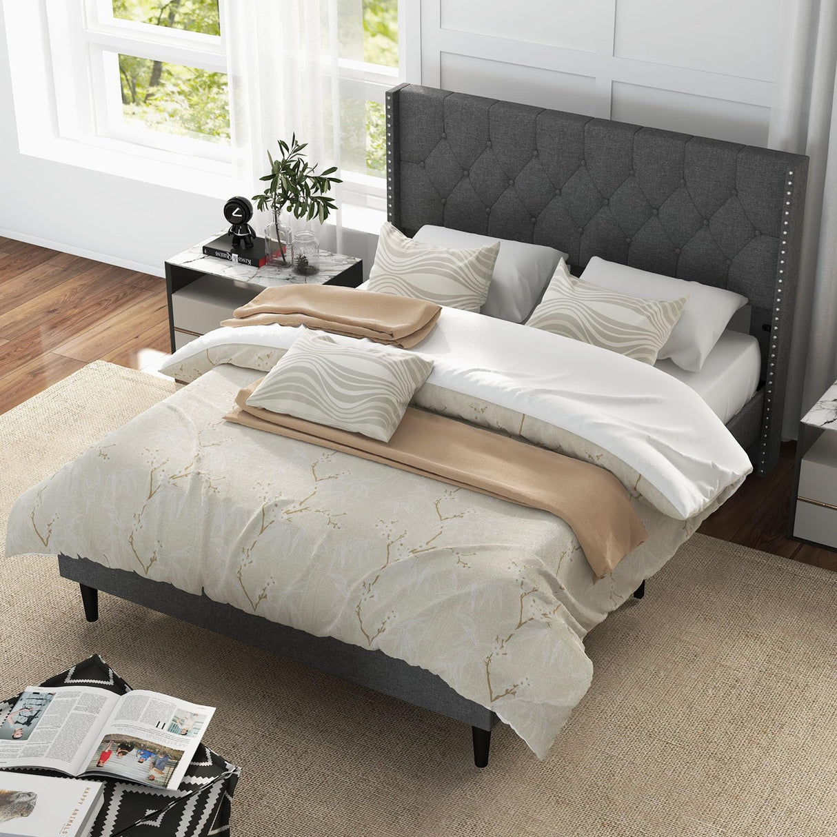 Full Size Upholstered Platform Bed Frame with Tufted Headboard