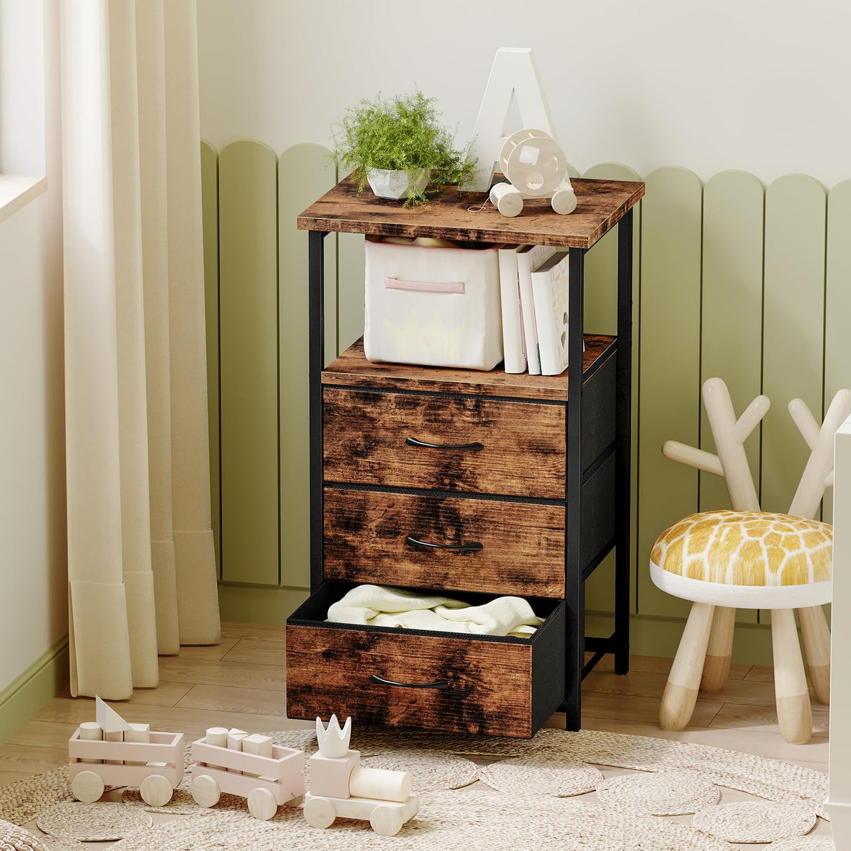 Night Stand with 3 Fabric Drawers, Tall Nightstand