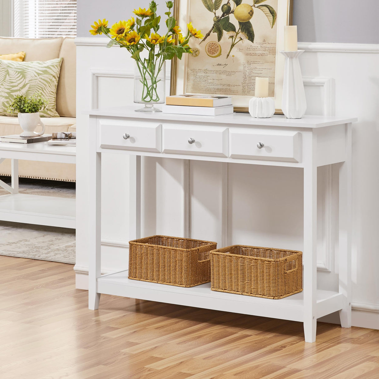 Console Table with 3 Drawers, 42" Entryway Table with Storage Shelves