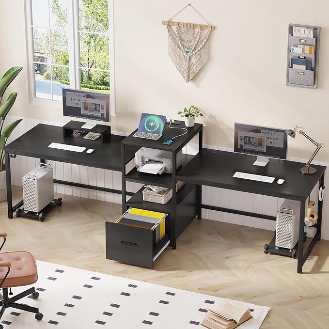 98" Home Office Desk, White Computer Desk with Letter/A4 File Drawer & Power Strip with USB, 2 Person Long Desk with Storage, Printer Shelf & Monitor Stand for Home Office, White