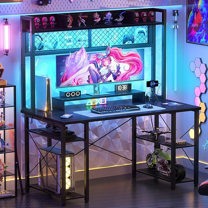 47 Inch Gaming Desk - Computer Desk with LED Lights & Power Outlet, Home Office Writing Desk