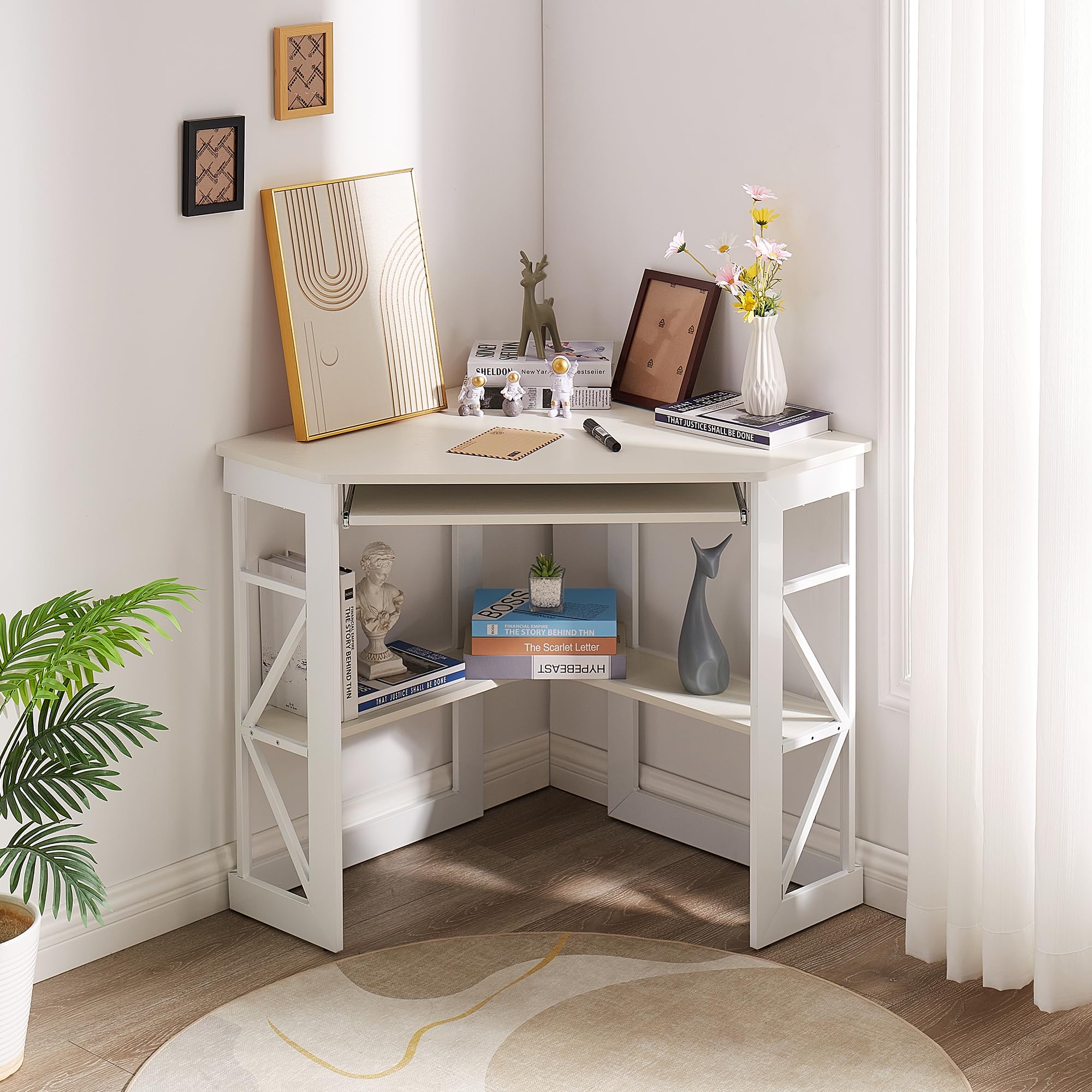 Corner Computer Desk Writing Smooth Keyboard Tray & Storage Shelves,Compact Home Office Triangle