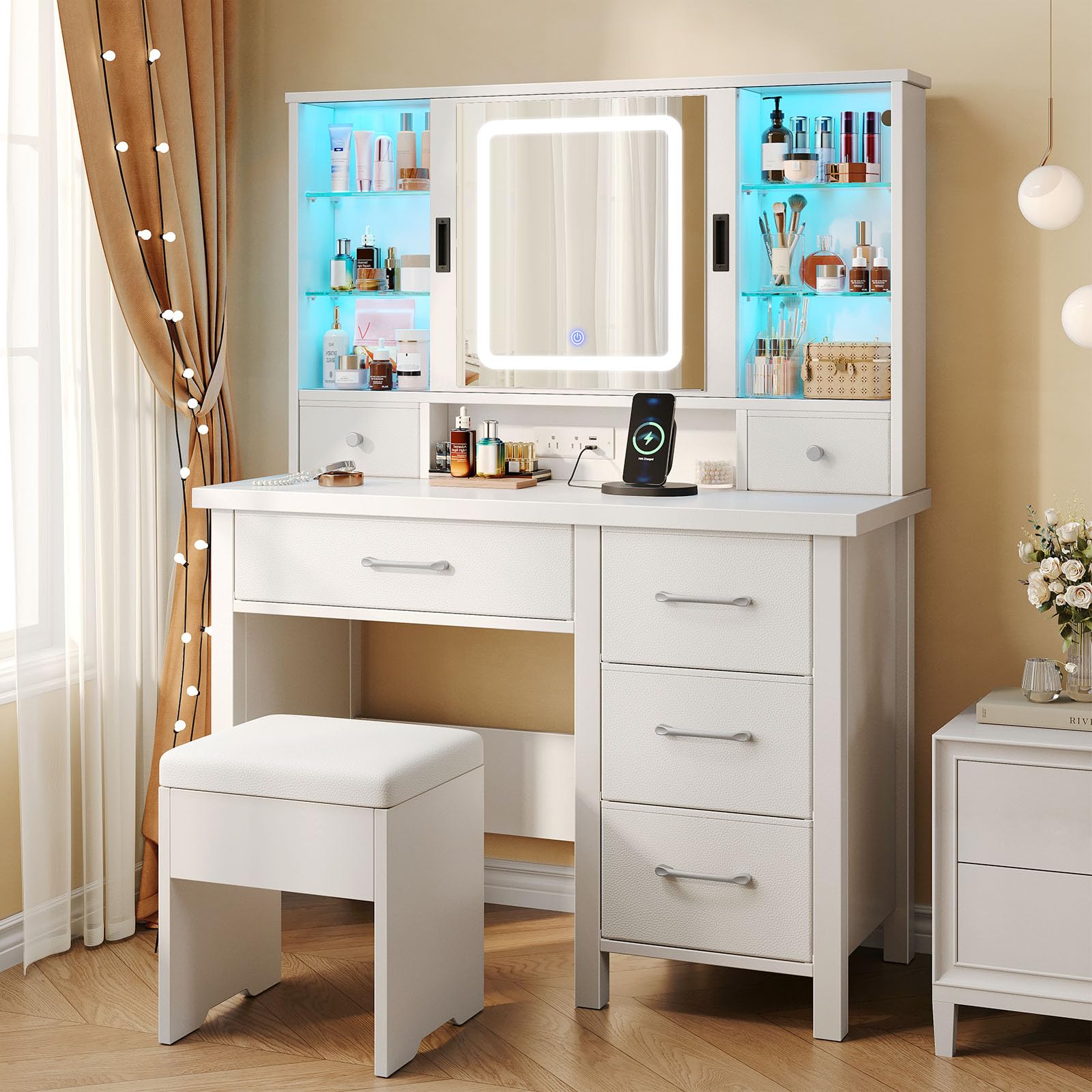 Vanity Desk with Lighted Sliding Mirror & Power Outlet, Vanity Table Set with Chair