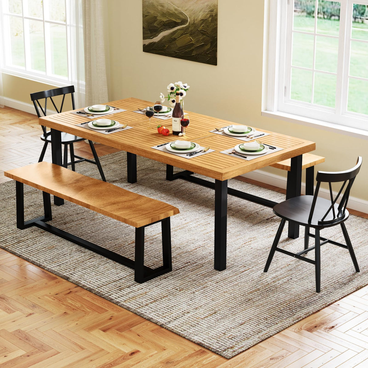 Patio Dining Table for 8, 79" Large Rectangle Table with Acacia Wood Tabletop & Heavy
