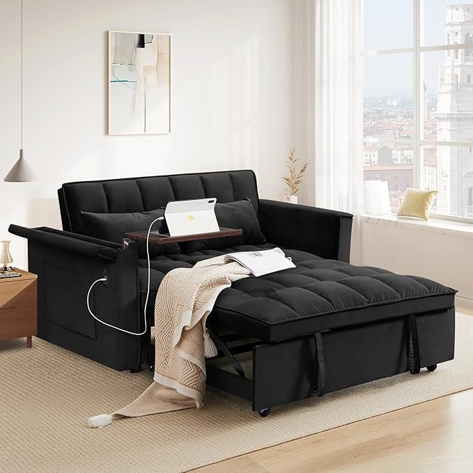 3-in-1 Convertible Pull Out Sofa Bed with USB Charging - Tufted Velvet Loveseat Sleeper Couch