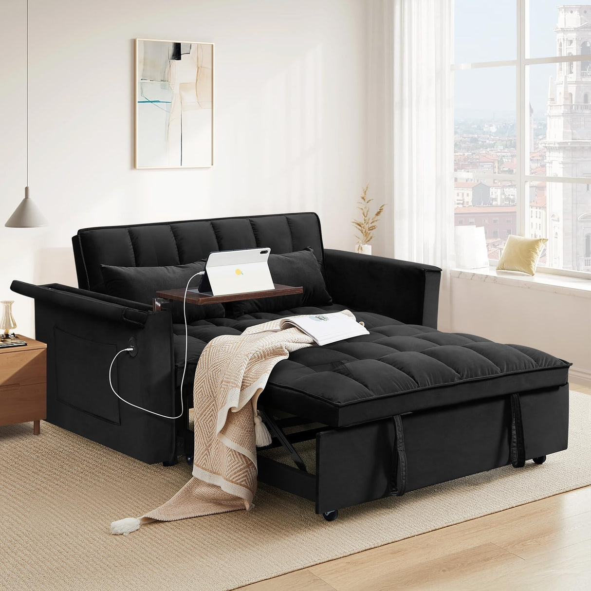 3-in-1 Convertible Pull Out Sofa Bed with USB Charging - Tufted Velvet Loveseat Sleeper Couch