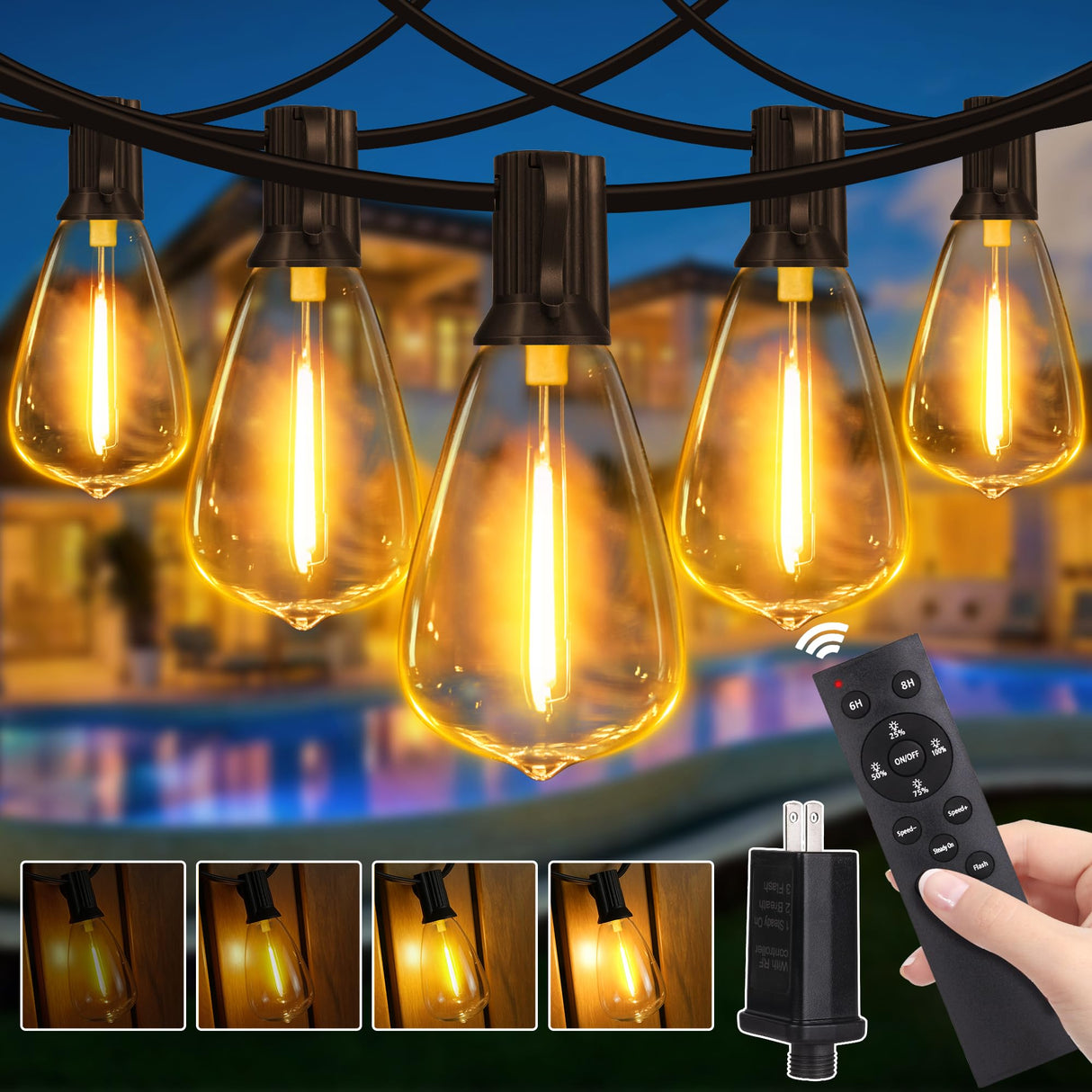 Dimmable with Remote, 100 FT Outdoor Lights with 2 Timer and 3 Mode, Waterproof &