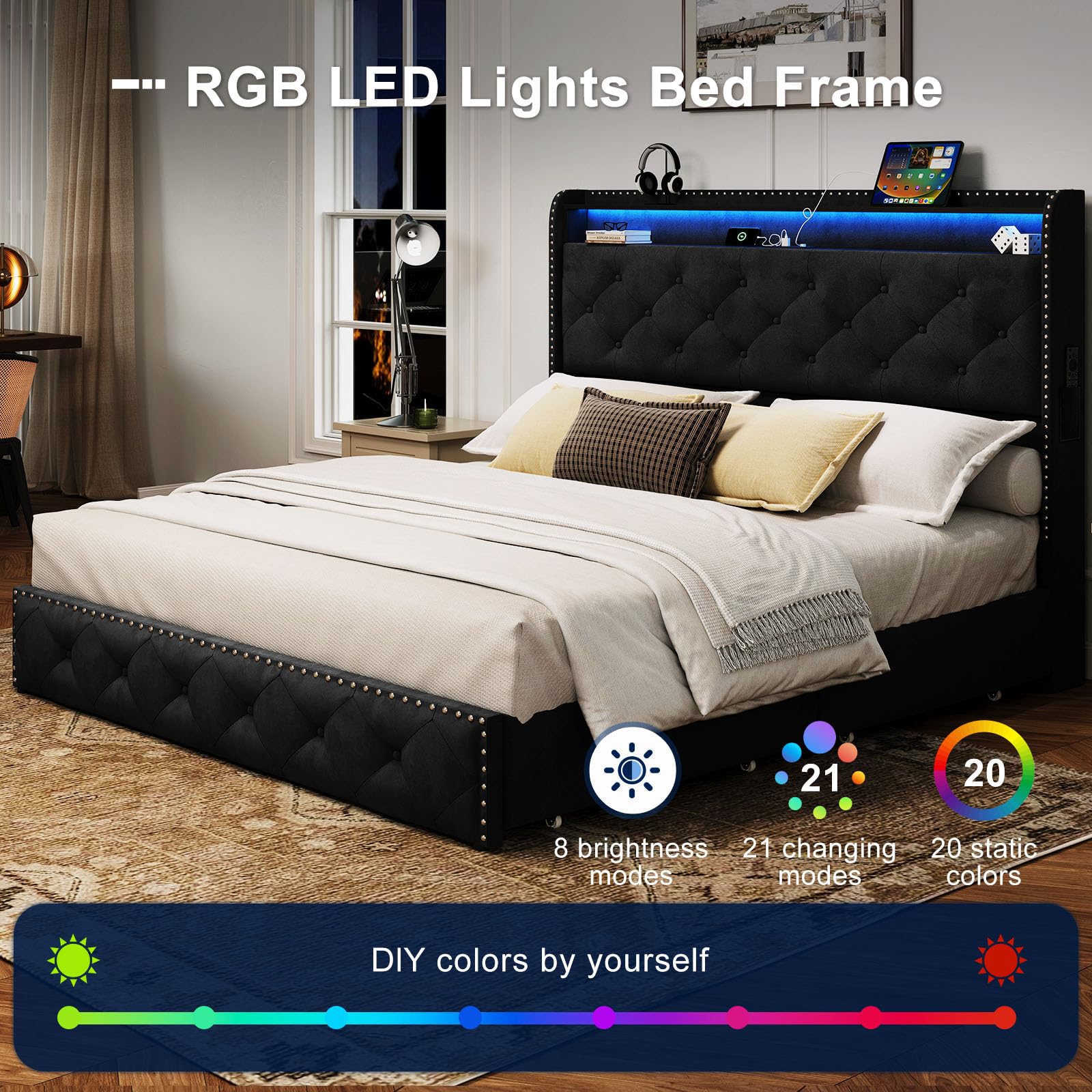 LARMACE Queen Size Bed Frame with LED Lights & USB Charging Station, Velvet Upholstered Platform Bed with Storage Headboard and 4 Drawers, Noise Free, Easy Assembly, Black