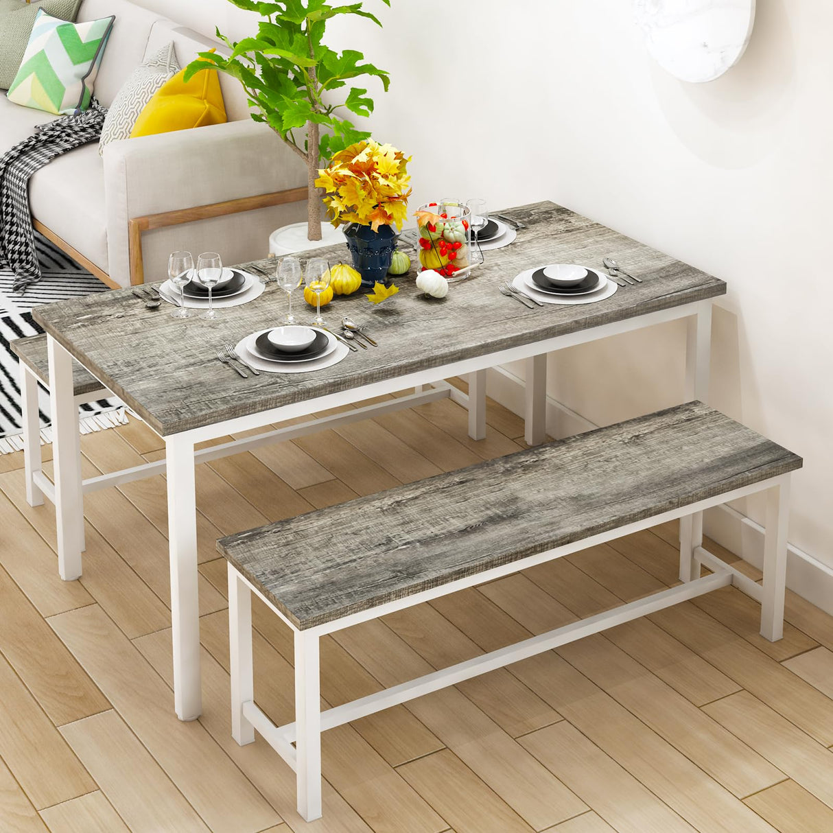 Recaceik Dining Room Table Set for 4, Modern Kitchen Table Set for 4 with 2 Bench for Small Kitchen