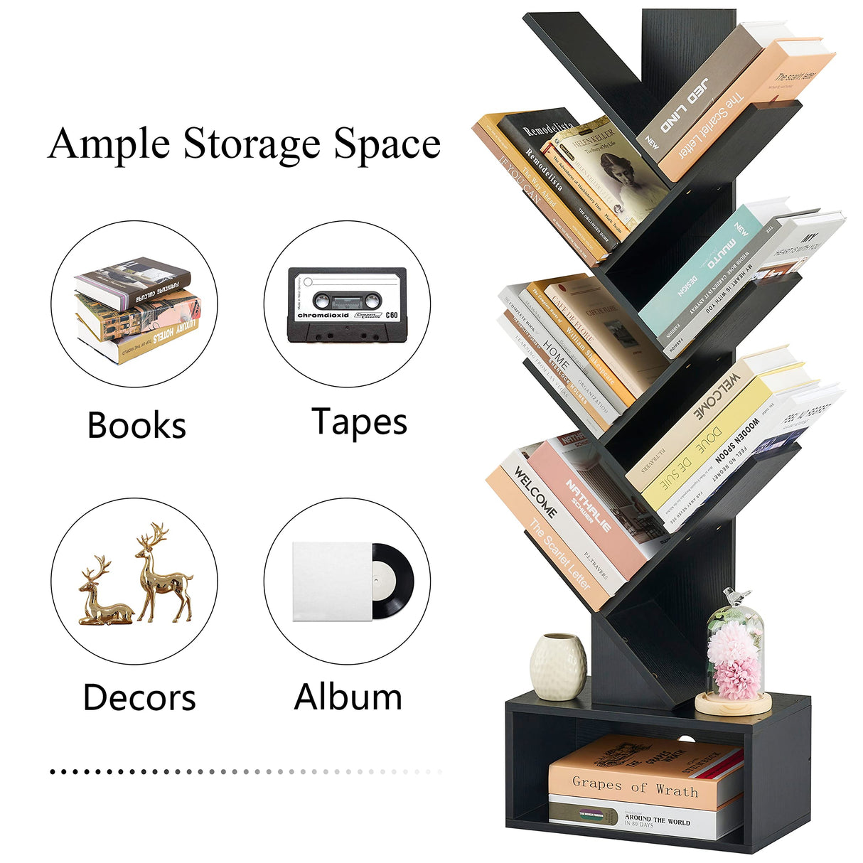 Hoctieon 6 Tier Tree Bookshelf, Tall Bookcase with Drawer, Freestanding Book Shelf, Display Floor Standing Storage Shelf, Book Organizer Shelves for Home Office, Living Room, Bedroom, Black