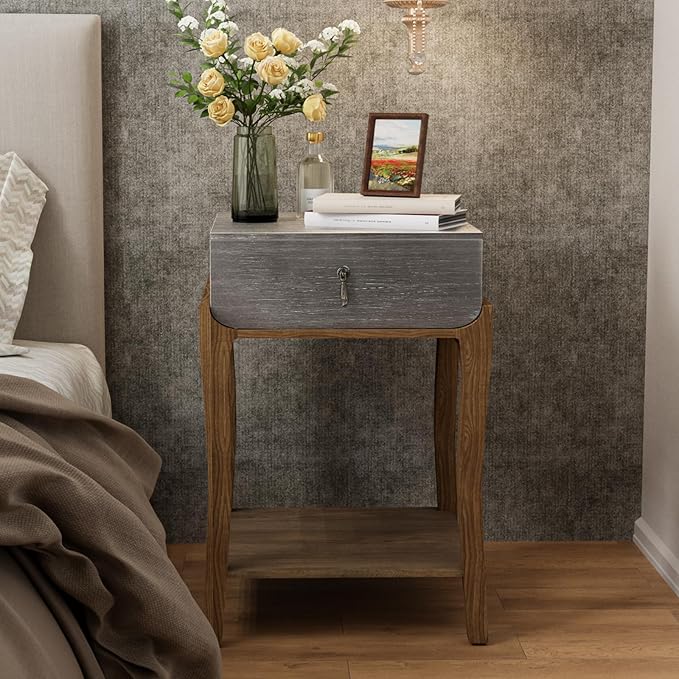 Rustic Accent Side Table, Farmhouse Wood Pedestal Table Round End Table for Living