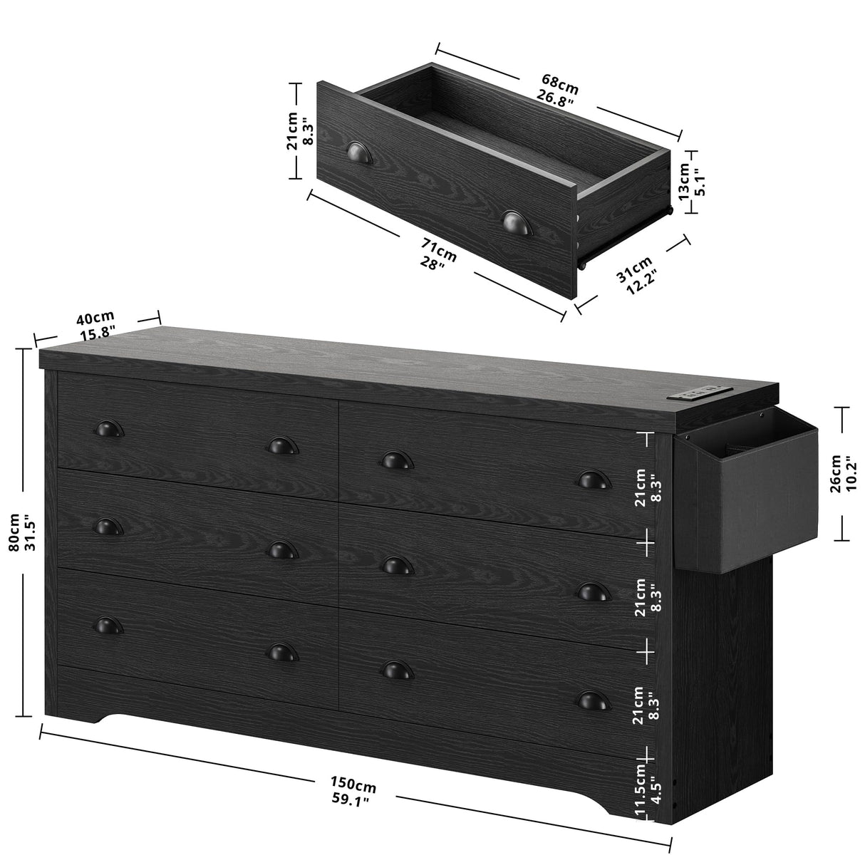 Dresser for Bedroom 6 Drawer with Charging Station, TV Stand Storage Chest of Drawers for Living Room Hallway Entryway, MDF Board, Black