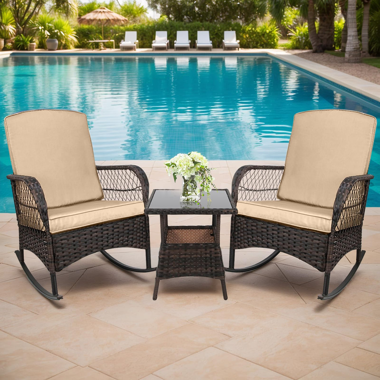 3 pcs Rocking Bistro Set Conversation Chairs PE Wicker Outdoor Chairs(Rocking Set,Khaki)