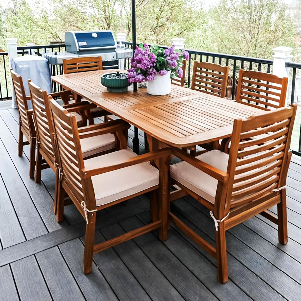 9 Pieces Acacia Wood Patio Dining Set for 8, Expandable Teak Dining Table