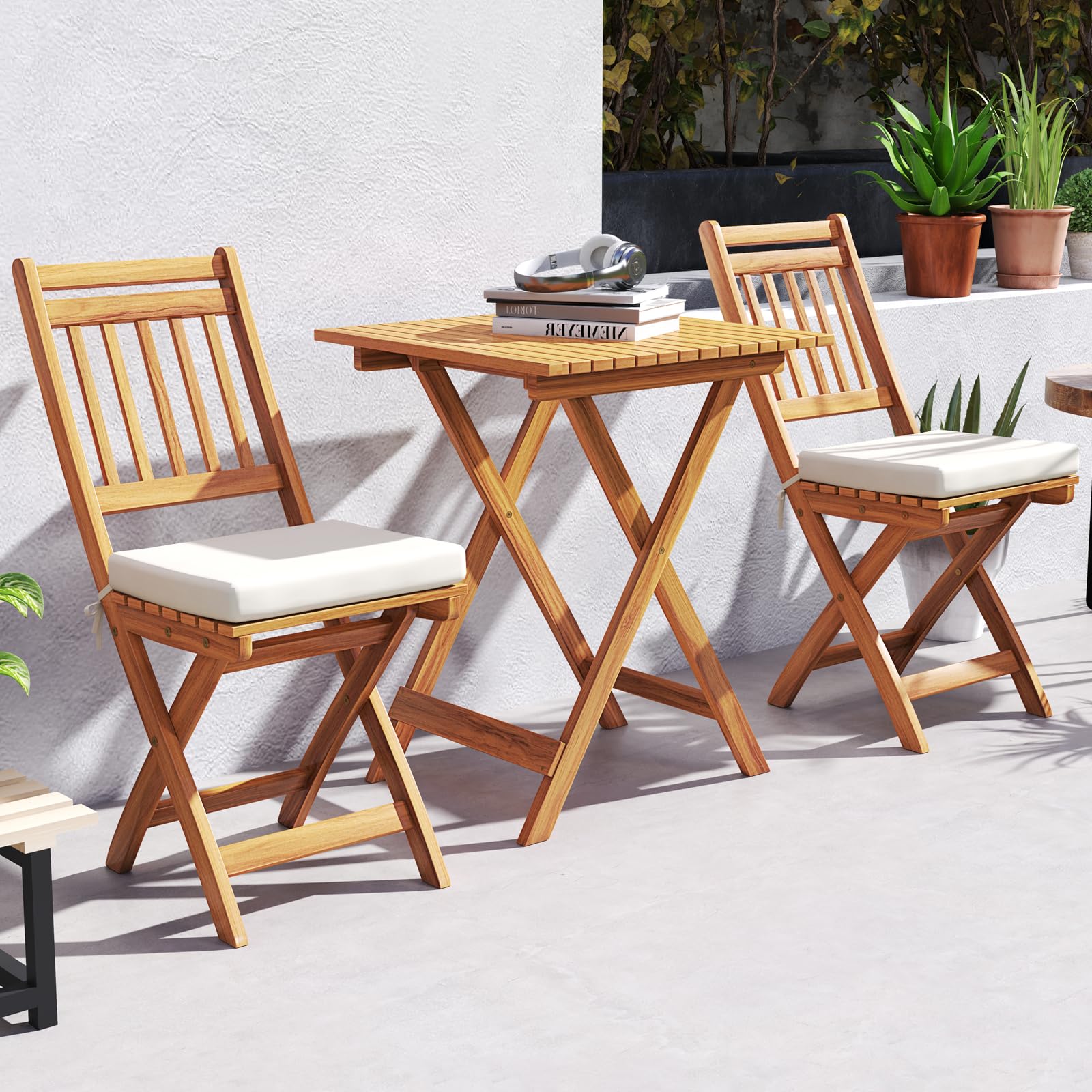 Acacia Wood Patio Bistro Set of 3, Outdoor Folding Chair Table Set with Soft Seat Cushions