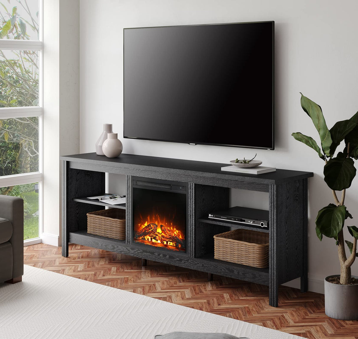 Fireplace TV Stand for 75+ Inch TV with Blue LED Light, Wood Entertainment Center
