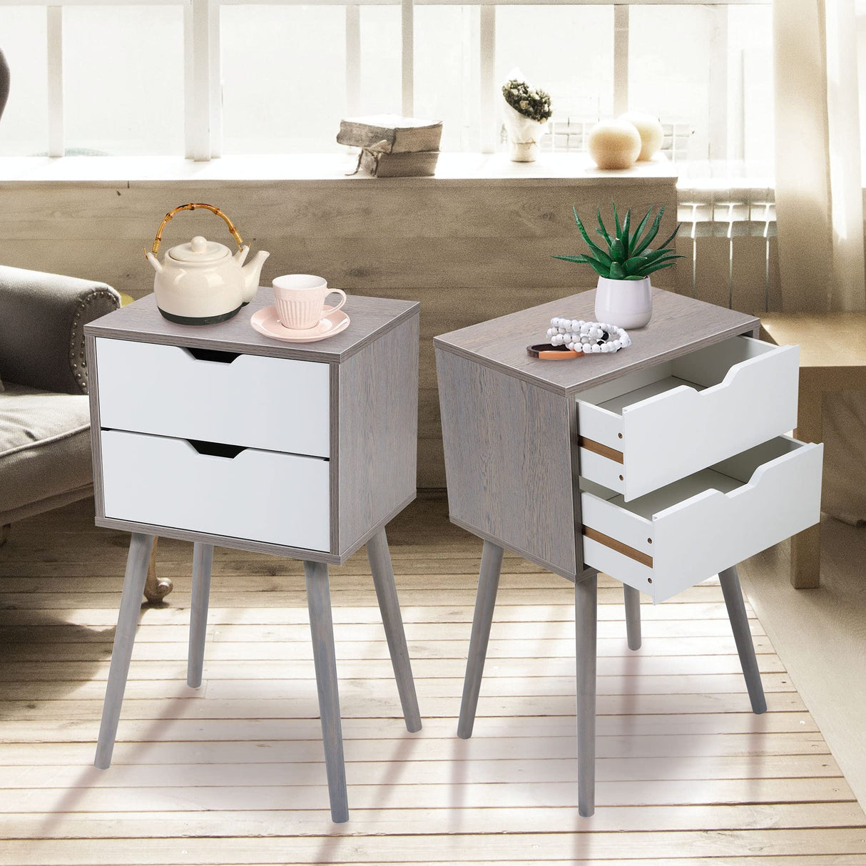 Nightstands Set of 2, Night Stand with Drawers, Bedside Tables with Solid Wood Legs and