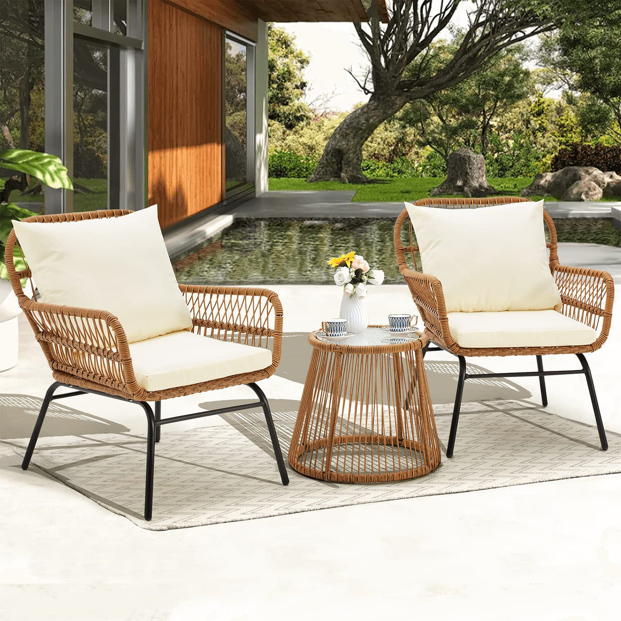 3-Piece Patio Conversation Bistro Set, Outdoor All-Weather Wicker Balcony Furniture