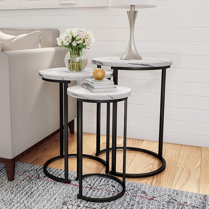 Nesting Tables - Set of 3 Round Side Tables for Living Room, Bedroom