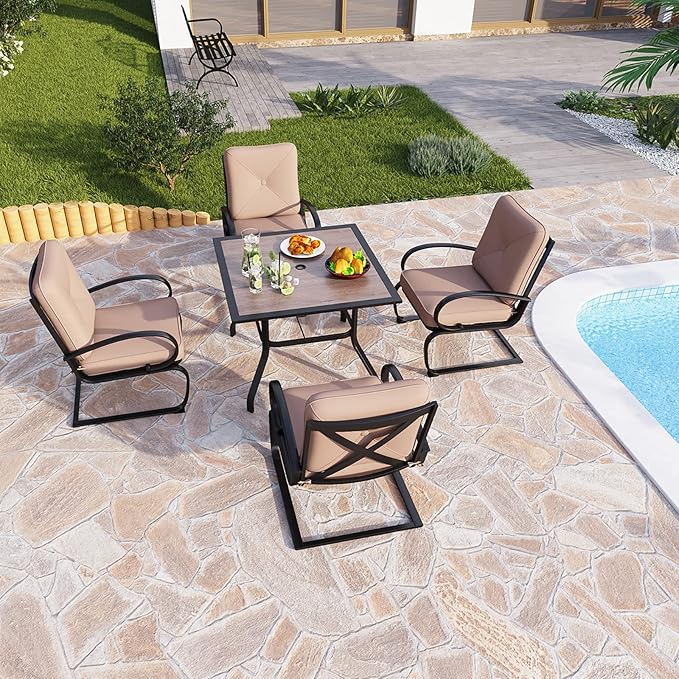 5 PCS Patio Dining Set, Outdoor 37" x 37" Wood Like Square Dining Table and 4 Piece Extra Wide Spring Motion Chairs