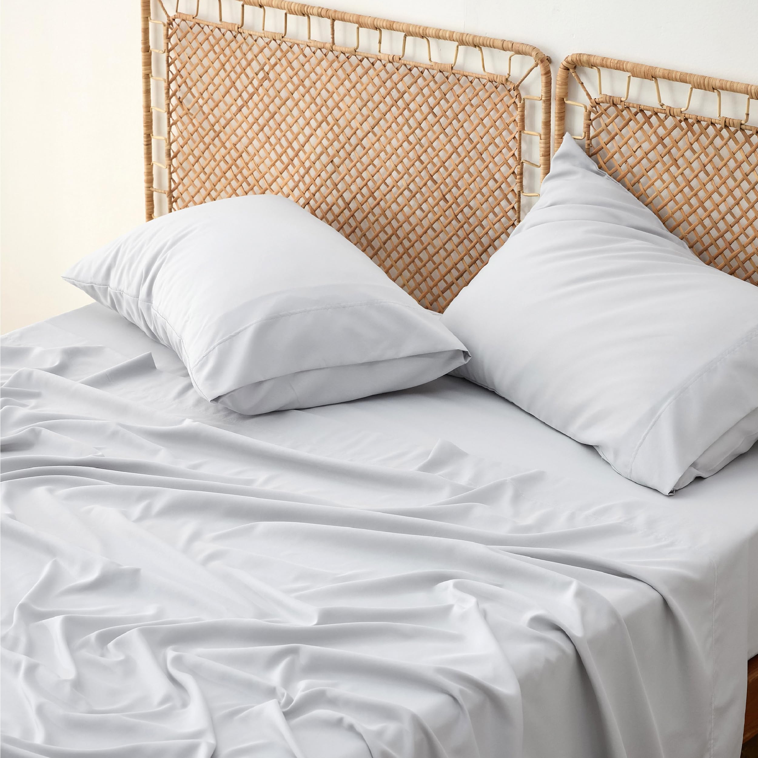 Bedsure Cooling Sheets for Queen Size Bed Set, Polyester & Rayon Derived from Bamboo, Breathable & Wrinkle Free, Silky Soft with 16 Inch Deep Pocket Bed Sheets - Light Grey