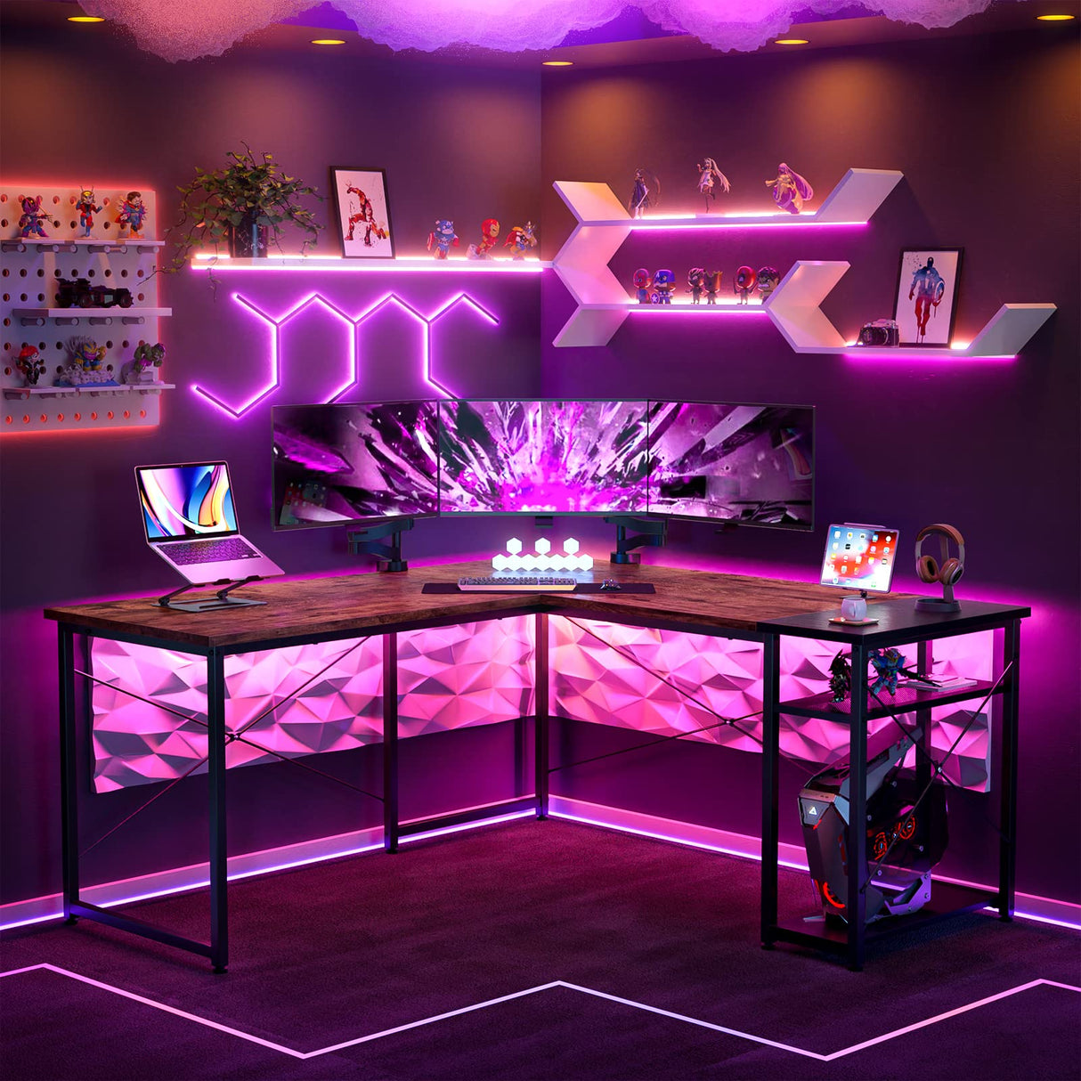 L-Shaped Computer Desk, Industrial Corner Desk Writing Study Table with Storage Shelves, Space-Saving, Large Gaming Desk 2 Person Table for Home Office Workstation, Rustic Brown/Black