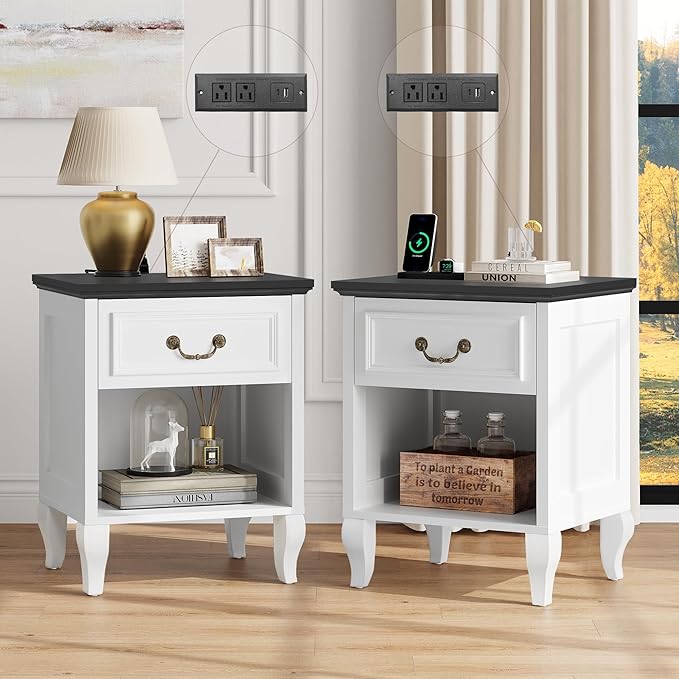 Farmhouse Nightstand with Charger Station, Night Stands with Drawer Storage White